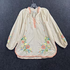 Vintage Leandra Blouse Women's Medium Beige Embroidered Floral Crochet Boho
